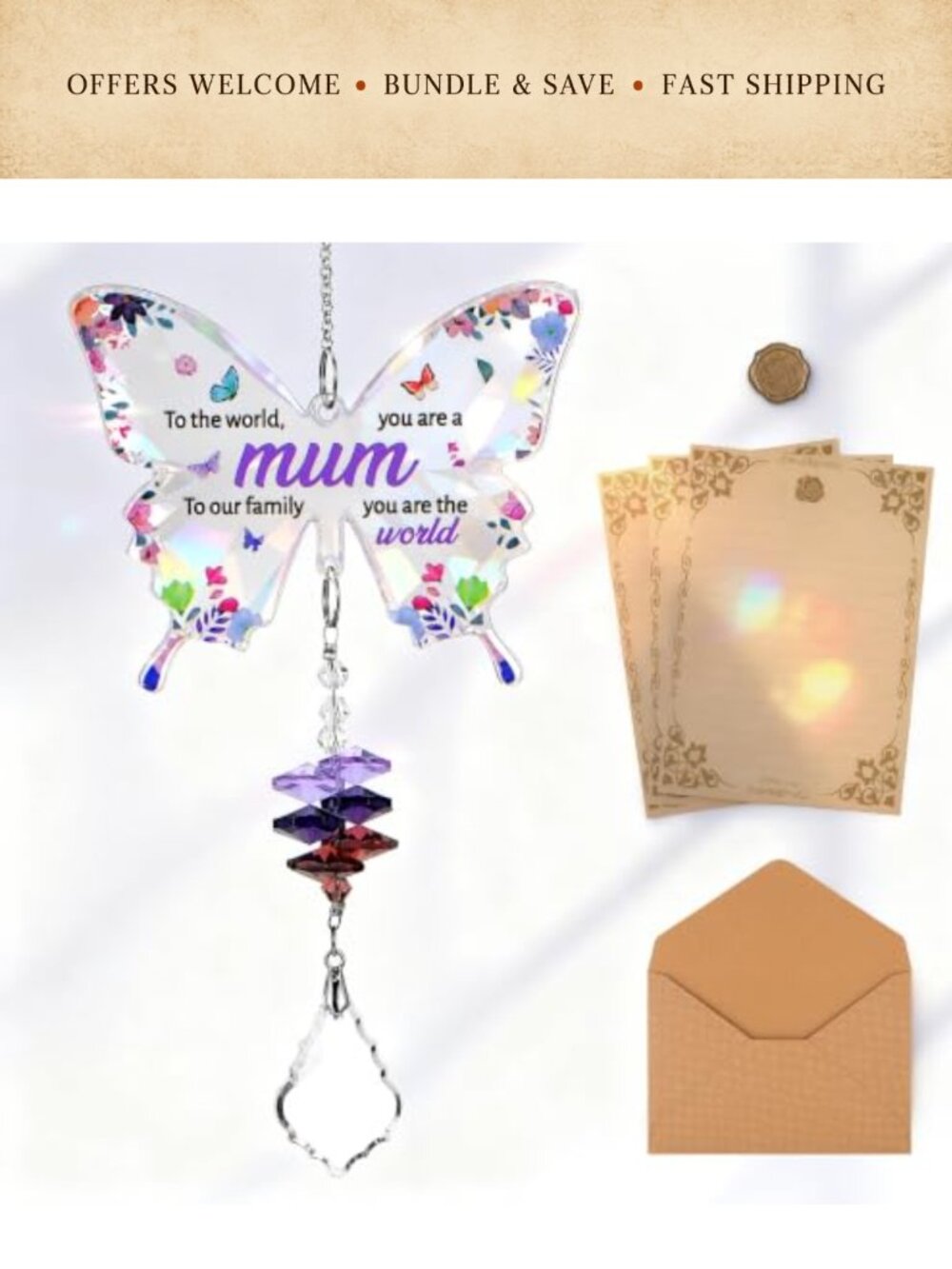 Butterfly Acrylic Crystal Suncatcher Mum Gift with Card Garden Decor